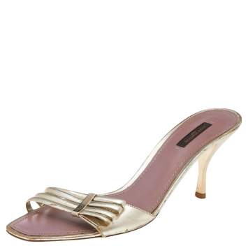 Pre Owned Louis Vuitton Gold Leather Open Toe Slide Sandals Size 40