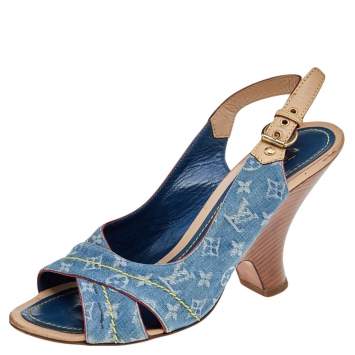 Pre Owned Louis Vuitton Blue Monogram Denim and Leather Slingback Sandals Size 38.5