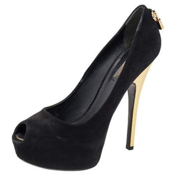 Pre Owned Louis Vuitton Black Suede Oh Really! Peep Toe Platform Pumps Size 38