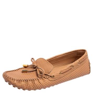 Pre Owned Louis Vuitton Nude Pink Petit Damier Embossed Leather Gloria Bow Loafers Size 39