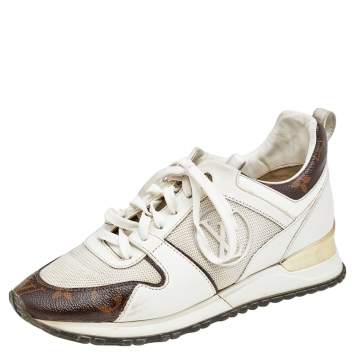 Pre Owned Louis Vuitton White/Brown Mesh And Monogram Canvas Run Away Sneakers Size 38