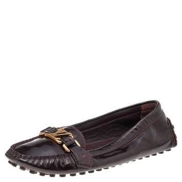 Pre Owned Louis Vuitton Brown Patent Leather Slip on Loafers Size 38