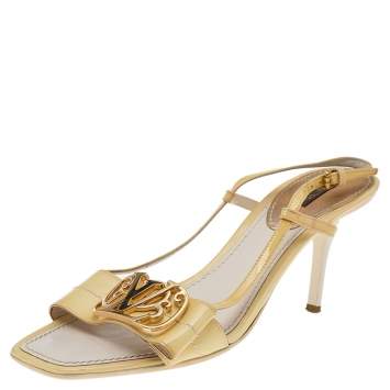 Pre Owned Louis Vuitton Yellow Patent Leather Logo Slingback Sandals Size 38