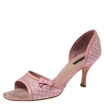Pre Owned Louis Vuitton Pink Monogram Canvas And Lizard Embossed Leather Open Toe Pumps Size 41