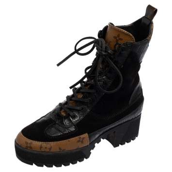 Pre Owned Louis Vuitton Black/Brown Suede And Monogram Leather Laureate Platform Desert Ankle Boots Size 40