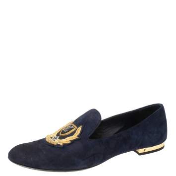 Pre Owned Louis Vuitton Blue Suede Embroidered Smoking Slippers Size 40 