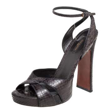 Pre Owned Louis Vuitton Black Python Leather Ankle-Strap Sandals Size 39.5