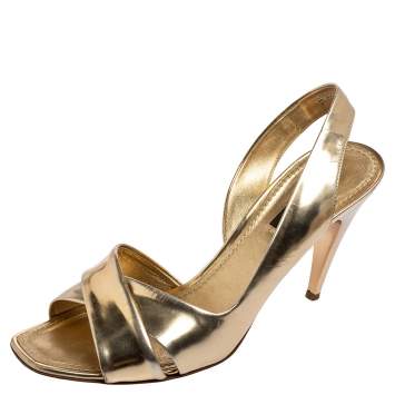 Pre Owned Louis Vuitton Gold Leather Barbara Criss Cross Slingback Sandals Size 37.5