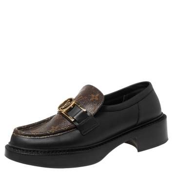 Pre Owned Louis Vuitton Black Leather and Monogram Canvas Academy Loafers Size 38.5