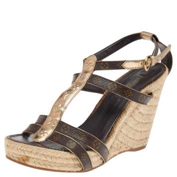 Pre Owned Louis Vuitton Monogram Canvas and Leather Wedge Ankle Strap Sandals Size 37