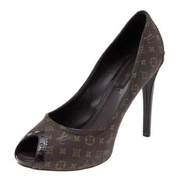 Pre Owned Louis Vuitton Brown Monogram Canvas And Patent Leather Peep Toe Pumps Size 38