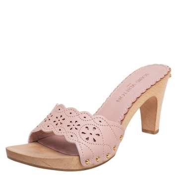 Pre Owned Louis Vuitton Pink Leather Cut Out Wooden Slide Clogs Size 41