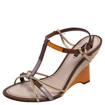 Pre Owned Louis Vuitton Multicolor Leather And Croc Embossed Leather T-Strap Espadrille Wedge Sandals Size 41