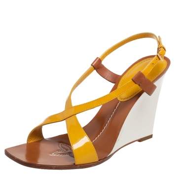 Pre Owned Louis Vuitton Yellow Patent Leather Wedge Cross Strap Slingback Sandals Size 40.5