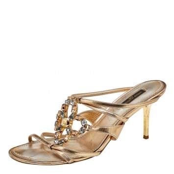 Pre Owned Louis Vuitton Metallic Gold Leather Crystal Embellished Slide Sandals Size 38
