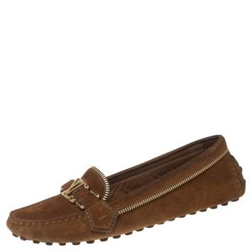 Pre Owned Louis Vuitton Brown Suede Zipper Detail Logo Buckle Loafers Size 38