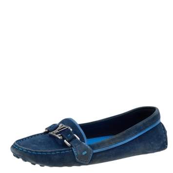 Pre Owned Louis Vuitton Blue Suede Slip on Loafers Size 38