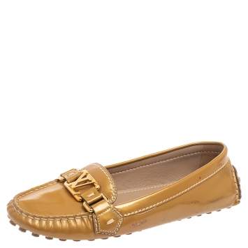 Pre Owned Louis Vuitton Olive Green Patent Leather Logo Loafers Size 36