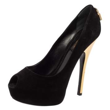Pre Owned Louis Vuitton Black Suede Oh Really! Peep-Toe Platform Pumps Size 38
