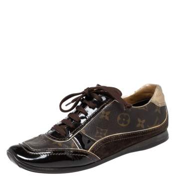 Pre Owned Louis Vuitton Monogram Canvas, Patent Leather and Suede Globe Trotter Sneakers Size 38