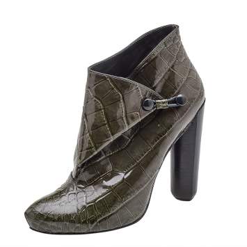Pre Owned Louis Vuitton Olive Green Croc Embossed Patent Leather Ankle Booties Size 37.5