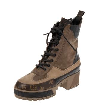 Pre Owned Louis Vuitton Tri-Color Suede, Monogram Canvas and Croc Embossed Leather Laureate Platform Desert Boots Size 40