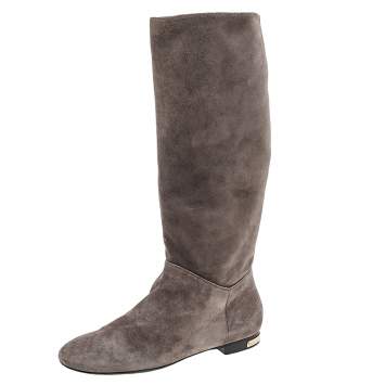 Pre Owned Louis Vuitton Grey Suede Knee Length Boots Size 38.5