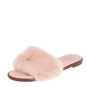 Pre Owned Louis Vuitton Pink Mink Fur Lock It Flat Slides Size 36