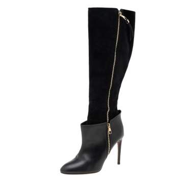 Pre Owned Louis Vuitton Black Leather And Suede Knee Length Boots Size 39.5