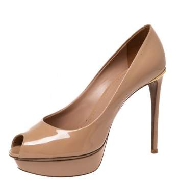 Pre Owned Louis Vuitton Beige Patent Leather Eyeline Peep-Toe Platform Pumps Size 37