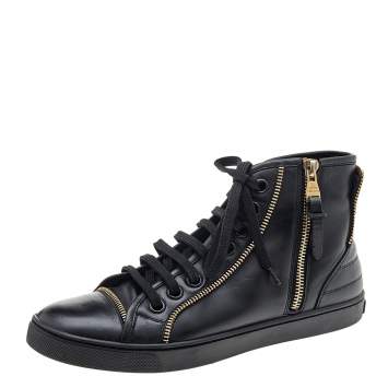 Pre Owned Louis Vuitton Black Leather Zip Detail High Top Sneakers Size 36.5