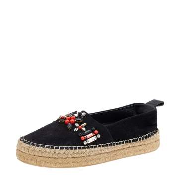 Pre Owned Louis Vuitton Black Suede Frontier Embellished Espadrille Flats Size 37