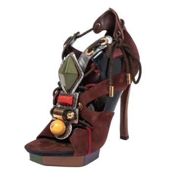 Pre Owned Louis Vuitton Brown Suede And Leather Embellished Ankle Boots Size 38