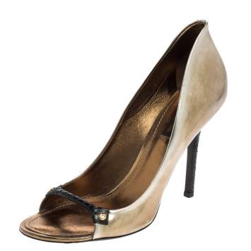 Pre Owned Louis Vuitton Gold/Black Patent and Snakeskin Leather Open-Toe Pumps Size 39