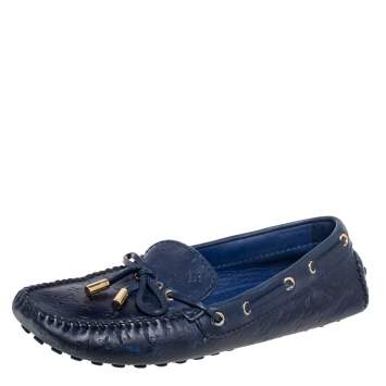 Pre Owned Louis Vuitton Navy Blue Monogram Empreinte Leather Gloria Loafers Size 36.5