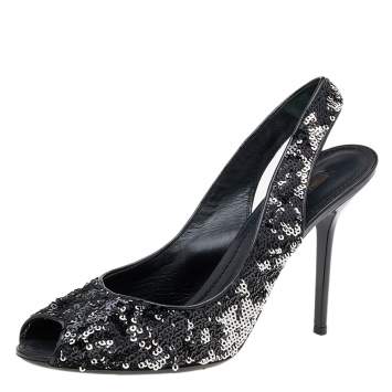 Pre Owned Louis Vuitton Black/Silver Sequin Liza Slingback Sandals Size 39