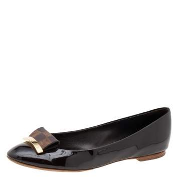 Pre Owned Louis Vuitton Brown Patent Leather And Damier Ebene Embellished Ballet Flats Size 36.5