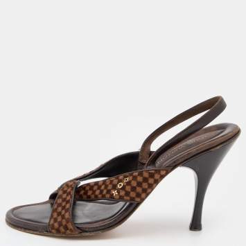 Pre Owned Louis Vuitton Brown Damier Ebene Calf Hair and Leather Slingback Sandals Size 38