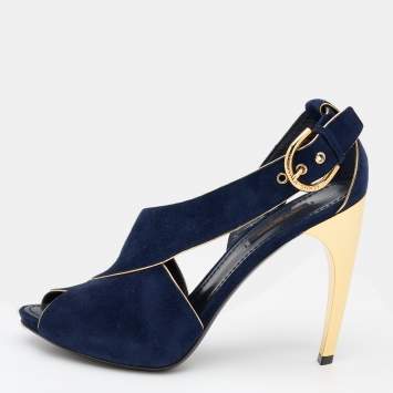 Pre Owned Louis Vuitton Blue Suede Peep Toe Sandals Size 39