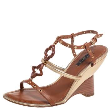 Pre Owned Louis Vuitton Brown/Gold Leather Andalucia Wedge Sandals Size 37.5