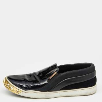 Pre Owned Louis Vuitton Black Patent Leather and Suede Studded Slip On Sneakers Size 38