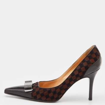 Pre Owned Louis Vuitton Brown Patent Leather And Pony Hair Metal Bow Cap Toe Pumps Size 39