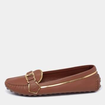 Pre Owned Louis Vuitton Brown Leather Metal Logo Slip On Loafers Size 38
