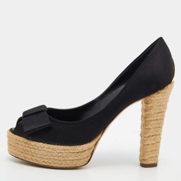 Pre Owned Louis Vuitton Black Satin Espadrille Peep Toe Platform Pumps Size 38