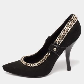 Pre Owned Louis Vuitton  Black Suede Chain Embellished Pointed Toe  Pumps Size 38
