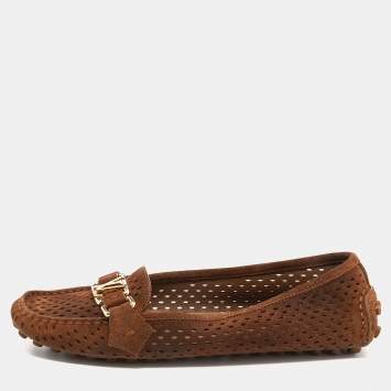 Pre Owned Louis Vuitton Brown Perforated Suede Slip On Loafers Size 37