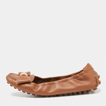 Pre Owned Louis Vuitton Brown Leather Tempting Bow Scrunch Ballet Flats Size 36.5