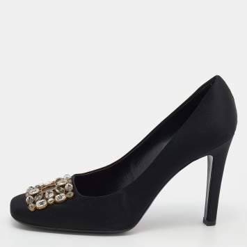 Pre Owned Louis Vuitton Black Satin Crystal Embellished Square Toe Pumps Size 39.5
