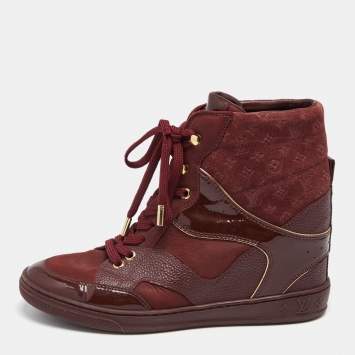 Pre Owned Louis Vuitton Burgundy Leather And Monogram Suede Millenium Sneakers Size 36.5