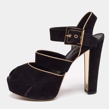 Pre Owned Louis Vuitton Black Suede Mowani Platform Ankle-Strap Sandals Size 38